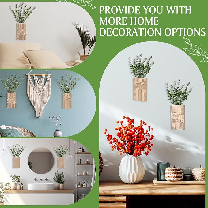 2 Pack Modern Farmhouse Wall Decor Wood Planter Vase with Artificial Eucalyptus Farmhouse Bohemian Hanging Wall Decor for Bathroom Dinning Room Living Room Hallway Bedroom(Brown)