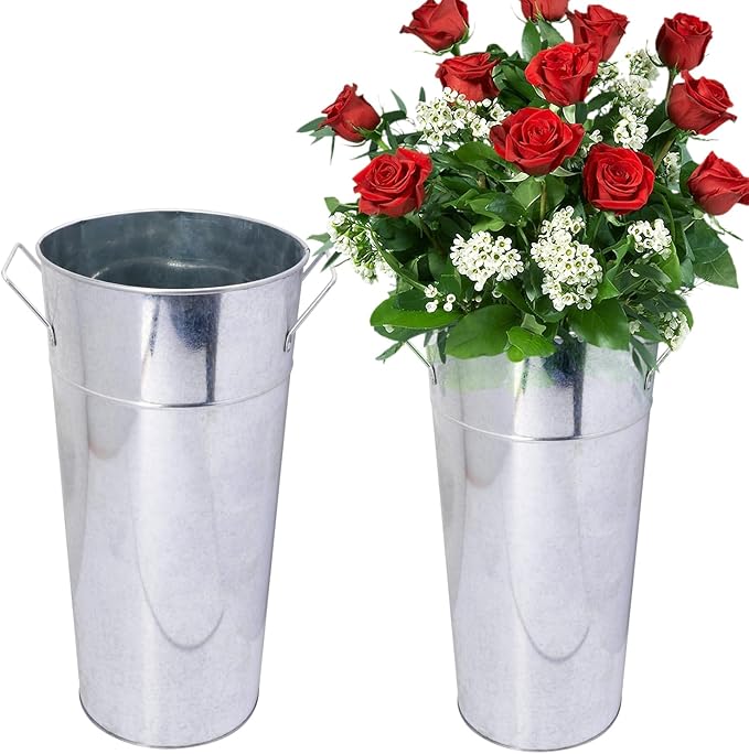 2 Pcs 15 Inch Tall Galvanized Metal Vase with Handles, French Flower Bucket Vases for Any Farmhouse, Modern, or Traditional Setting(Silver)