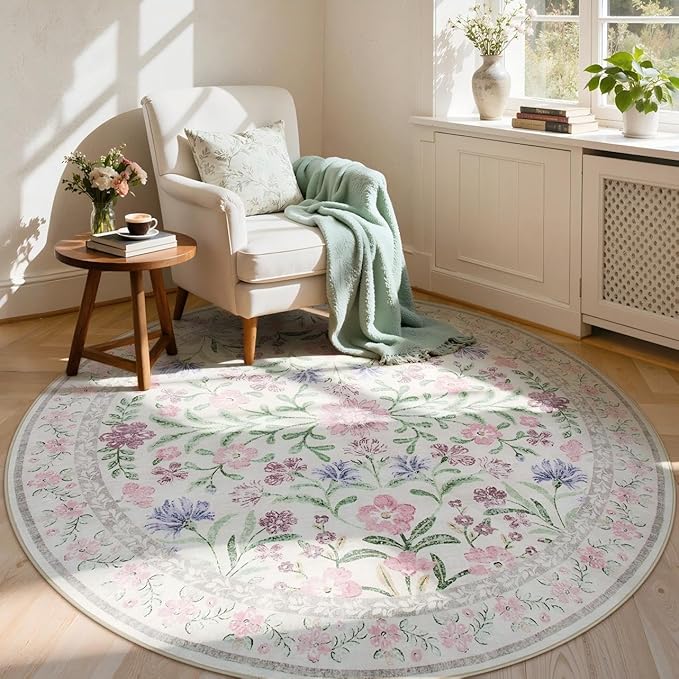 Lahome Purple 6 ft Circle Rug Washable, Floral Accent Round Rug for Girls Bedroom Decor, Non-Slip Accent Circular Carpet for Nursery Calm Corner Seating Area