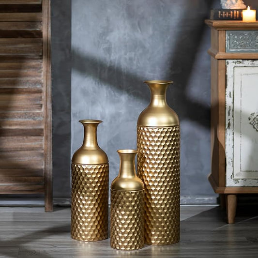 Sziqiqi Tall Gold Floor Vase: 27in Large Metal Floor Vase Decorative Tall - Set of 3 Modern Honeycomb Texture Big Standing Vases for Living Room Dining Bedroom Home Corner Hallway Indoor Office