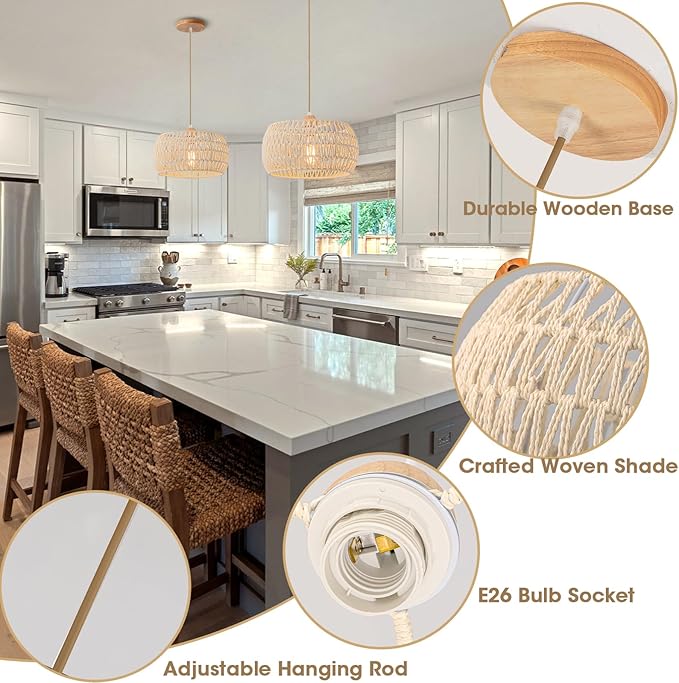 Rattan Pendant Light Fixture Drum Basket Chandelier Hanging Lights Cream White Boho Ceiling Lighting Flush Mount Ceiling Lights Woven Kitchen Chandeliers for Dinning Room Hallway Bedroom