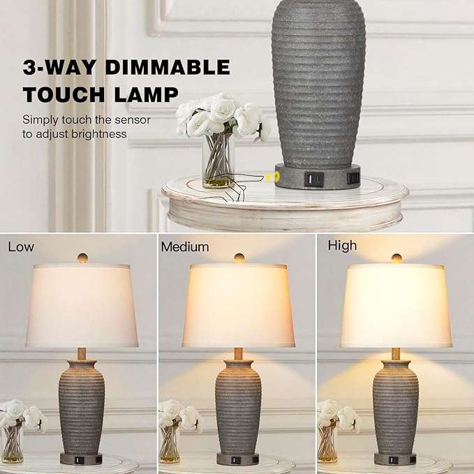 25" Farmhouse Jar Table Lamps Set of 2, 3 Way Touch Control Rustic Bedside Lamps with USB A+C Ports & AC Outlet, Pot Nightstand Lamps for Bedroom Living Room (LED Bulbs Included)