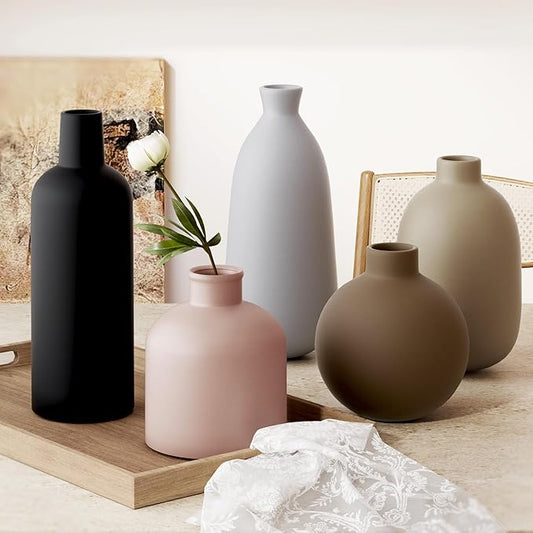 CUCUMI Ceramic Vase Set of 5, Home Decor Farmhouse Décor Handmade Pottery Vases for Pampas Grass, Dried Fresh Flowers, Table, Living Room, Kitchen, Shelf, Entryway Mantel Neutral Tones