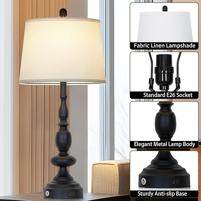29" Black Modern Table Lamps Set of 2, Industrial Touch Control 3-Way Dimmable Bedside Lamp with USB C+A Ports, Metal Nightstand Lamps for Living Room Bedroom Office Home(2 LED Bulbs Included)