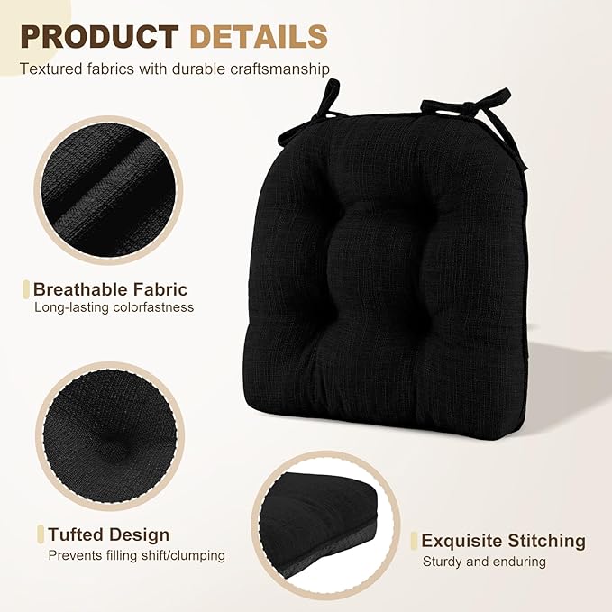downluxe Indoor Chair Cushions for Dining Chairs, Tufted Overstuffed Textured Foam Kitchen Chair Pads with Ties and Non-Slip Backing, 15.5" x 15.5" x 4", Black, 4 Pack
