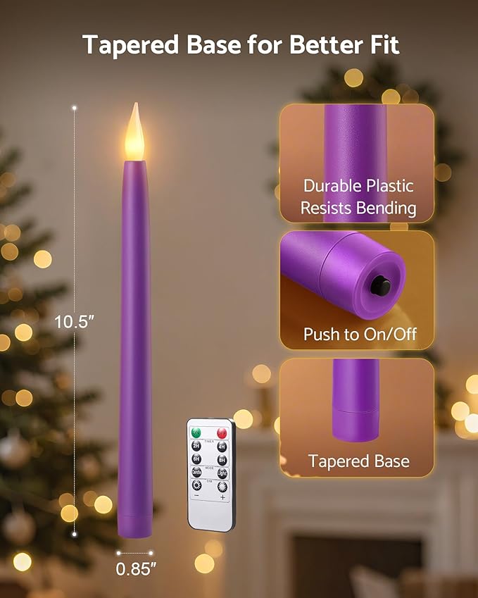 10.5'' Advent Candles Battery Operated Set of 4 with Remote, Timer & Dimmer, Plastic Flameless LED Taper Candlesticks for Advent Wreath, Christmas Table Centerpiece Decor