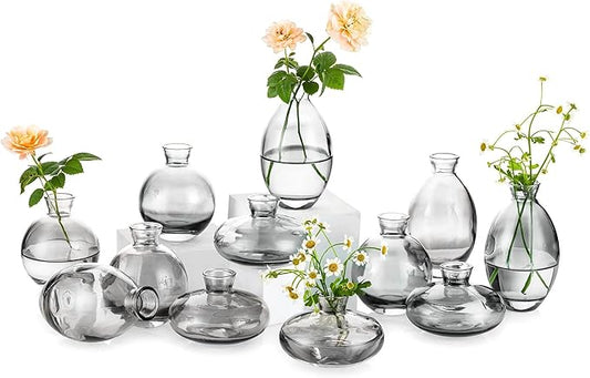 Glass Bud Vase for Centerpieces, 12Pcs/4Sets Glasseam Modern Gray Mini Small Vases for Flowers Bulk Flower Vase Set Aesthetic Cute Handmade Tiny Short Wedding Table Centerpiece Decor