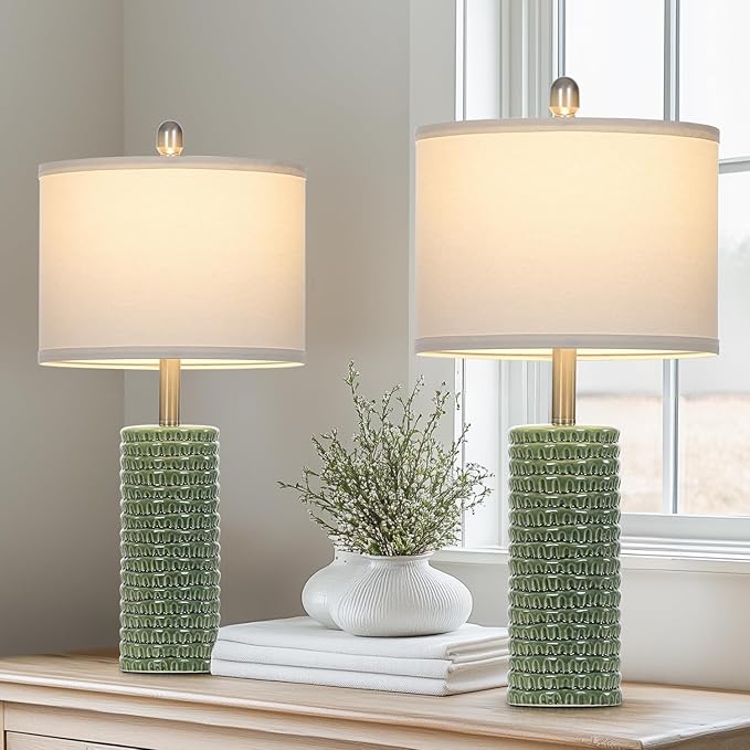 24.5" Green Ceramic Table Lamps Set of 2, Farmhouse Table Lamps for Living Room, Modern Lamps for Bedroom Night Stands, Traditional Nightstand Desk Lamps(LED Bulbs Included)
