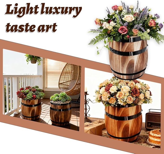 Sunmuliiiy4Pcs Wood Wine Barrel Vase 8" x 6.5" Rustic Wooden Flower Vase Rustic Barrel Barrel Planter for Wedding Reception Table Decoration Home Indoor Outdoor Garden, Kitchen, Party Table Decoration