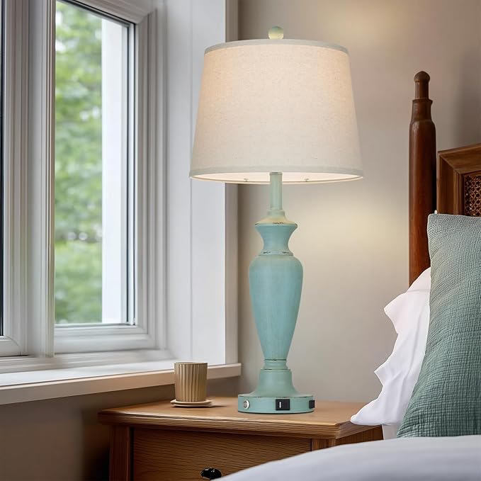 30" Tall Metal Table Lamps Set of 2, Touch Control Bedside Lamps for Bedroom Nightstand, 3-Way Dimmable Farmhouse Lamp for Living Room with Charging Ports, Retro Blue (2 LED Bulbs Included)