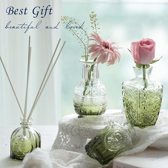 Green Bud Vases Set of 40, Mini Flower Vase for Centerpieces, Small Glass Bud Vases in Bulk for Wedding Decorations, Vintage Vase for Table, Recepetion, Home Décor