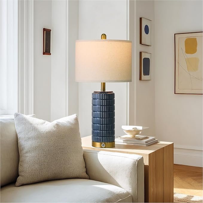 PoKat Touch Bedside Table Lamps with USB Ports for Bedroom, 25'' Dimmable Nightstand Touch Lamps for Living Room, Blue Ceramic Lamps with Gold Base for Night Stands Bedroom, Nursery, Dark Blue