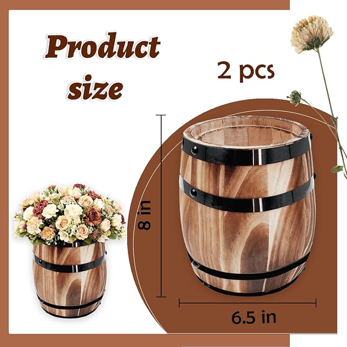 Sunmuliiiy2Pcs Wood Wine Barrel Vase 8" x 6.5" Rustic Wooden Flower Vase Rustic Barrel Barrel Planter for Wedding Reception Table Decoration Home Indoor Outdoor Garden, Kitchen, Party Table Decoration