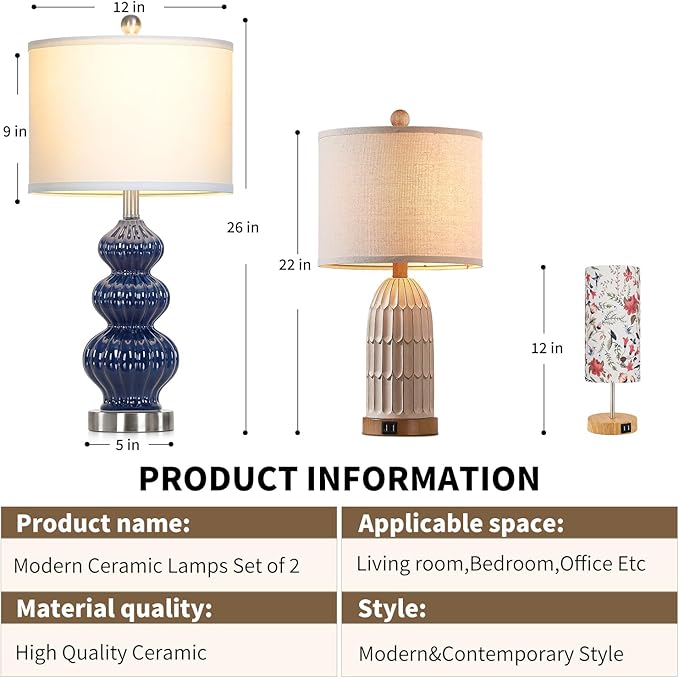 Triple Gourd Ceramic Table Lamps Set of 2, Modern Blue Bedside Lamps with Rotary Switch, Contemporary Nightstand Lamps for Bedroom Living Room