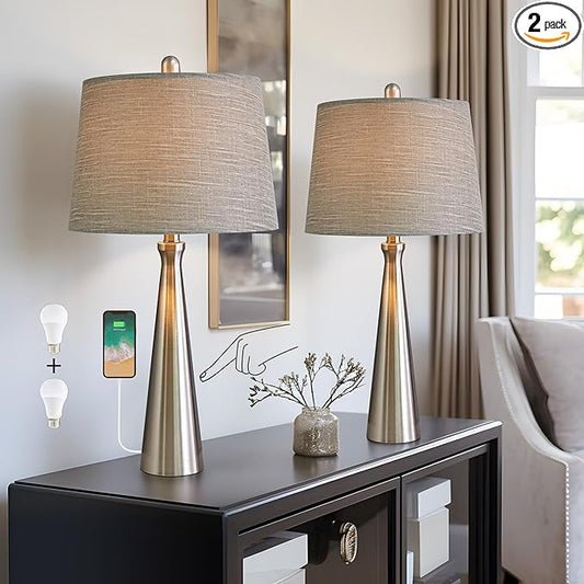 Oneach 25.75" Table Lamps Set of 2 for Living Room Bedroom, Bedside Lamp 3-Way Dimmable Touch Control, Modern Silver Nightstand Light Fabric Shade Vintage Accent Style