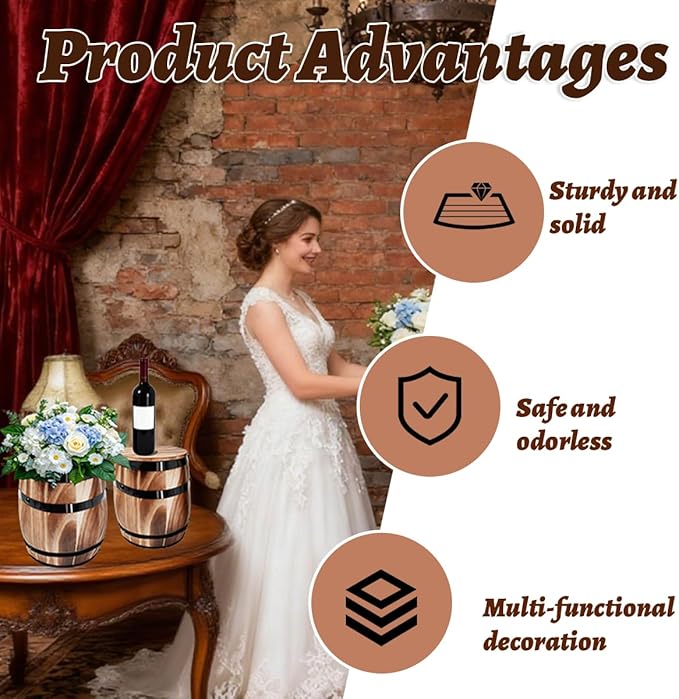 Sunmuliiiy4Pcs Wood Wine Barrel Vase 8" x 6.5" Rustic Wooden Flower Vase Rustic Barrel Barrel Planter for Wedding Reception Table Decoration Home Indoor Outdoor Garden, Kitchen, Party Table Decoration