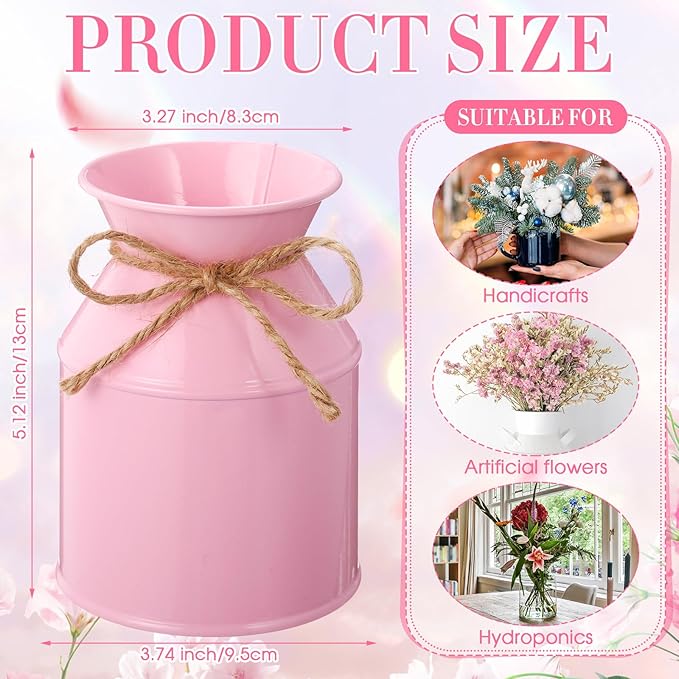 Domensi 5.12 Inch Farmhouse Metal Flower Vase Decor Rustic Galvanized Milk Can Jug Vase with Bow Flower Buckets for Table Centerpiece Fall Halloween Wedding Home Dinging Room Decor(Pink,12 Pcs)