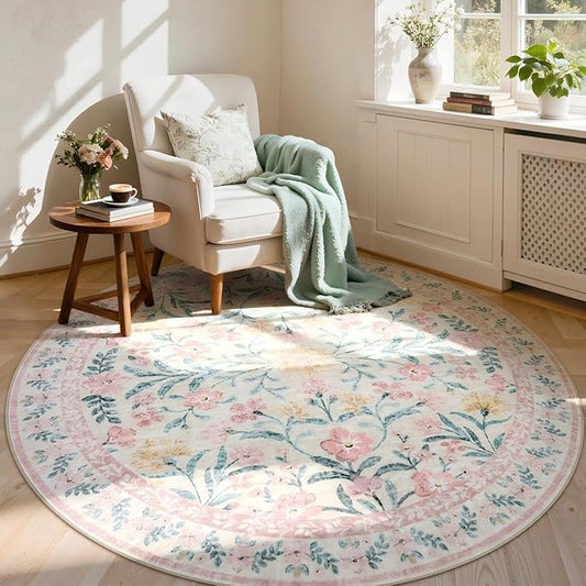 Lahome Pink Floral 6 ft Round Rug, Soft Cozy Circle Rug for Tween Girls Bedroom Decor, Machine Washable Nursery Carpet with Non-Slip Backing for Retreat or Reading Nook