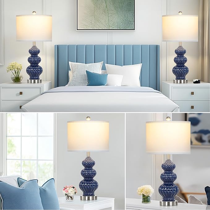 26" Blue Table Lamp Set of 2 with Rotary Control, Ceramic Table Lamps Classic Beside Lamps Nightstand Lamp Modern Table Lamp for Living Room,LED Bulbs Included