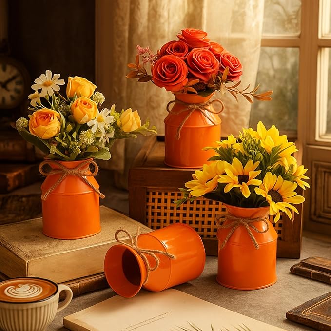 Domensi 5.12 Inch Farmhouse Metal Flower Vase Decor Rustic Galvanized Milk Can Jug Vase with Bow Flower Buckets for Table Centerpiece Fall Halloween Wedding Home Dinging Room Decor(Orange,12 Pcs)
