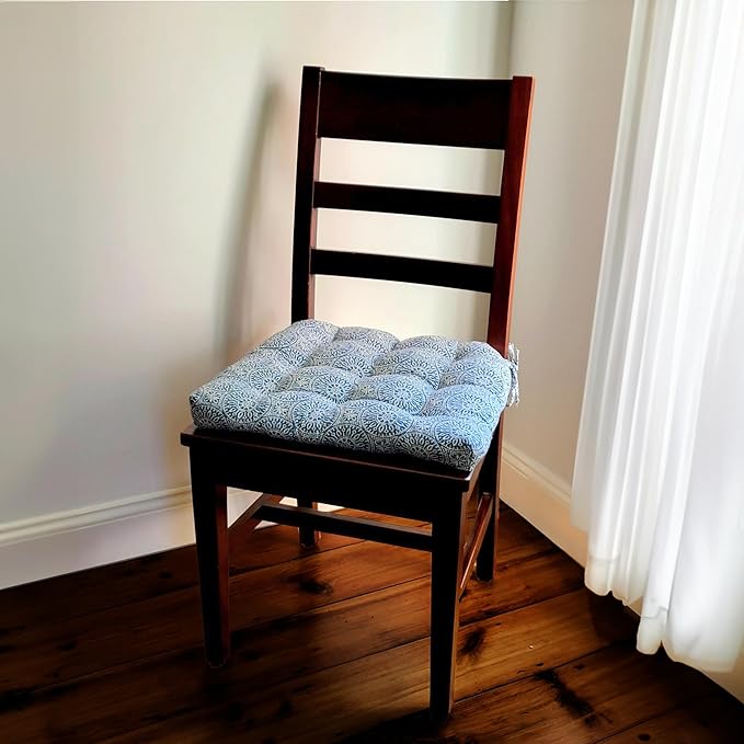 Barnett Home Decor Chair Cushions for Dining Chairs - 15x17 Kitchen Chair Cushions - Machine Washable, 100% Cotton, Made in USA - Latex Foam Comfort Chair Pads - Tibet Blue Small Pack of 4