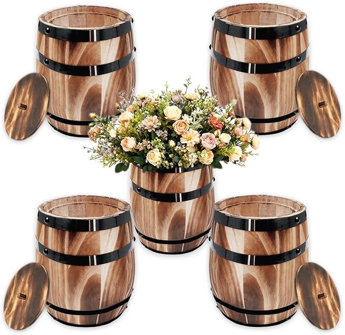 Sunmuliiiy4Pcs Wood Wine Barrel Vase 8" x 6.5" Rustic Wooden Flower Vase Rustic Barrel Barrel Planter for Wedding Reception Table Decoration Home Indoor Outdoor Garden, Kitchen, Party Table Decoration