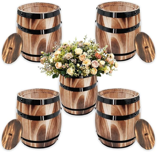 Sunmuliiiy4Pcs Wood Wine Barrel Vase 8" x 6.5" Rustic Wooden Flower Vase Rustic Barrel Barrel Planter for Wedding Reception Table Decoration Home Indoor Outdoor Garden, Kitchen, Party Table Decoration