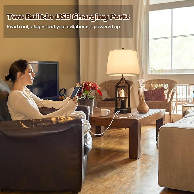 BesLowe 2-Light Farmhouse Touch Table Lamps, 3-Way Dimmable Bedside Lamps with 2 USB Ports for Bedroom, Rustic End Table Lamps for Living Room with White Shades, 4 LED Bulbs Included, Set of 2