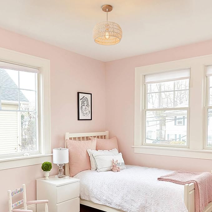 Rattan Pendant Light Fixture Drum Basket Chandelier Hanging Lights Cream White Boho Ceiling Lighting Flush Mount Ceiling Lights Woven Kitchen Chandeliers for Dinning Room Hallway Bedroom