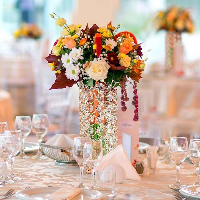 8 Pcs Crystal Metal Vase Centerpiece, 7.9" Cylinder Flower Vase and Hollow-Out Candle Holder for Wedding, Party, Home Table Decor (8, Gold)