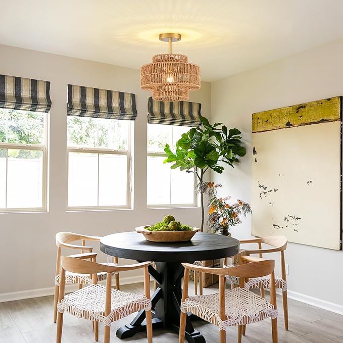 1-Light Rattan Ceiling Light Fixture, 12.4" Semi Flush Mount Boho Ceiling Light, Wicker Light Fixture with 3-Tier Hand-Woven Drum Shade, Farmhouse Rattan Chandelier for Dining Room Living Room Bedroom