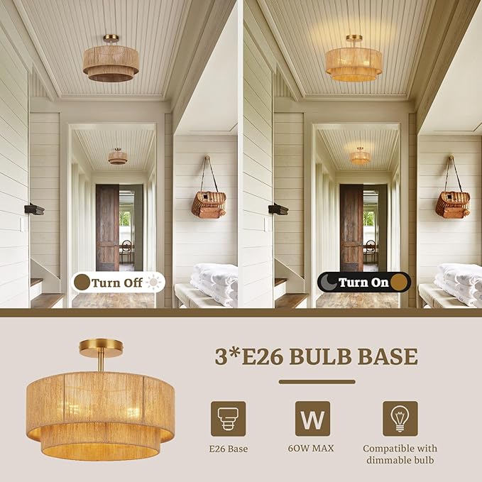 16'' Semi Flush Mount Ceiling Light,Boho Light Fixtures,3-Light Coastal Hemp Rope Ceiling Light Flush Mount with 2-Tier Drum Shade,Farmhouse Rattan Ceiling Lights for Bedroom, Kitchen,Living Room