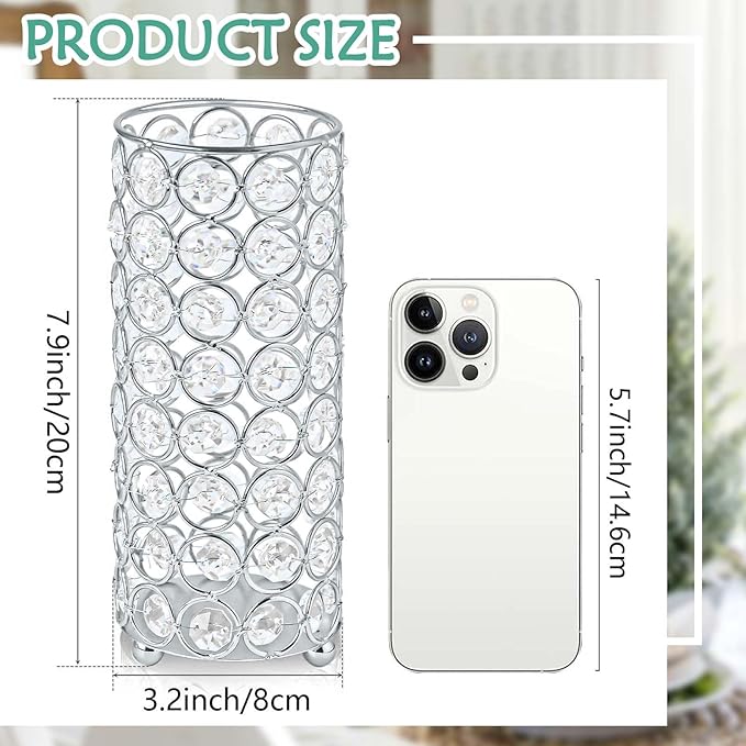 8 Pcs Crystal Metal Vase Centerpiece, 7.9" Cylinder Flower Vase and Hollow-Out Candle Holder for Wedding, Party, Home Table Decor (8, Silver)