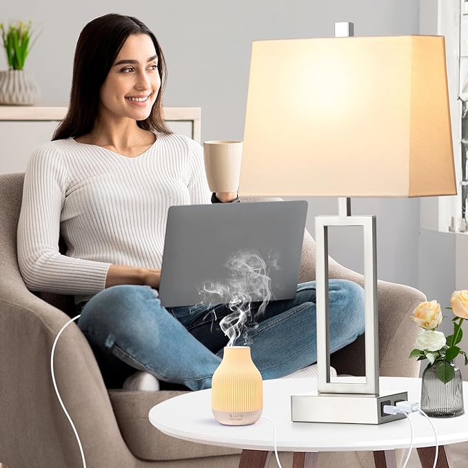 Touch Control Table Lamps for Living Room, 3-Way Dimmable Modern Table Lamp with USB A+C Charging Ports & AC Outlets, Bedside Contemporary Nightstand Desk Lamps with Fabric White Shade for Bedrooms