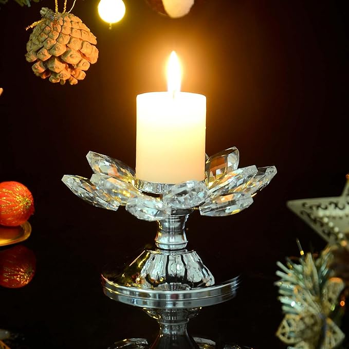 1 PC Silver Crystal Flower Tea Light Holder, Glass Tealight Candlestick with Metal Base, Votive Candle for Table Centerpiece, Wedding/Parties Decor, Nice Gift