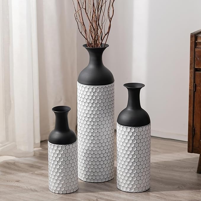 Sziqiqi Floor Vases Decorative Tall: 27in Black and White Large Metal Floor Vase Set of 3 Modern Honeycomb Texture Big Standing Vase for Living Room Dining Bedroom Home Corner Hallway Indoor Office