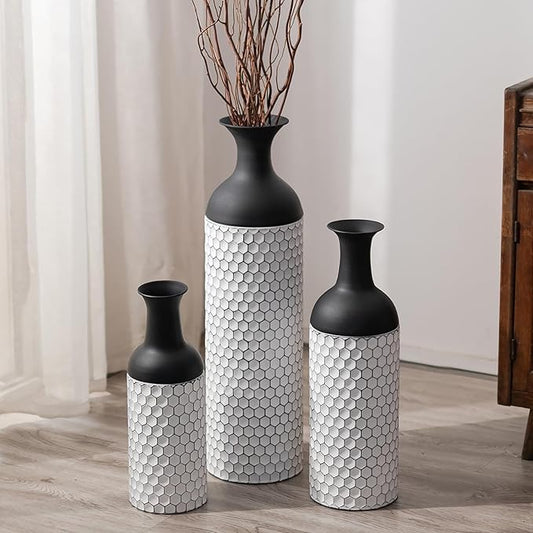 Sziqiqi Floor Vases Decorative Tall: 27in Black and White Large Metal Floor Vase Set of 3 Modern Honeycomb Texture Big Standing Vase for Living Room Dining Bedroom Home Corner Hallway Indoor Office
