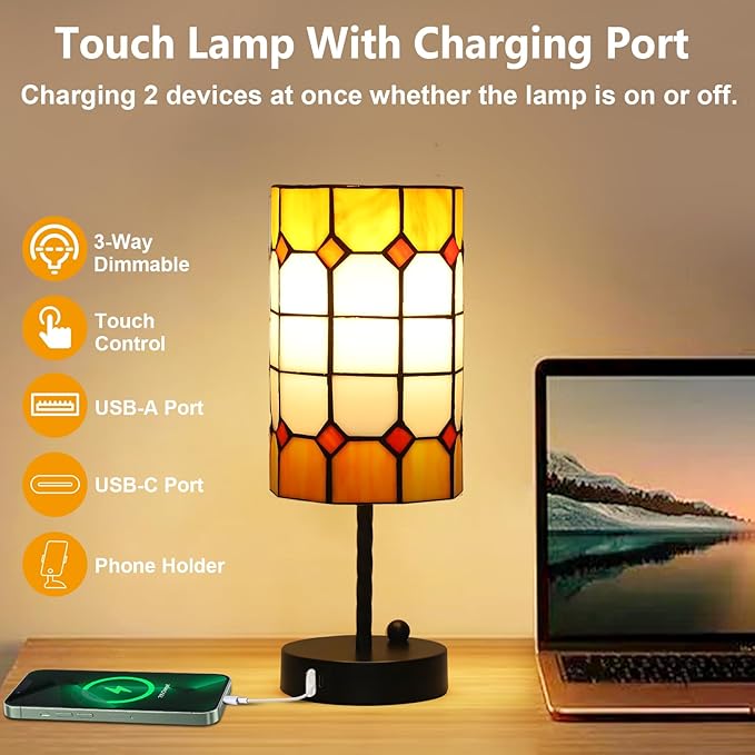 Tiffany Touch Table Lamps, 3 Way Dimmable Tiffany Lamp Set of 2 with Bulbs & USB Charging Port, Stained Glass Lamp for Nightstand, Vintage Desk Lamp for Bedroom, Small Bedside Lamp