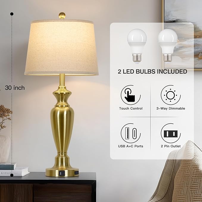 30" Tall Gold Table Lamps Set of 2, Touch Control Bedside Lamp with USB A+C Ports and AC Outlet, 3-Way Dimmable Modern Metal Nightstand Lamp for Bedroom Living Room, 2 LED Bulbs Included