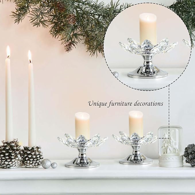 1 PC Silver Crystal Flower Tea Light Holder, Glass Tealight Candlestick with Metal Base, Votive Candle for Table Centerpiece, Wedding/Parties Decor, Nice Gift