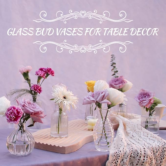Bud Vases Set of 12, Glass Vase for Decor Centerpieces, Small Vases for Flowers, Clear Flower Vase Stripe Modern Bud Vases in Bulk, Vintage Vases for Floral Wedding Party Table Decoration Home Decor