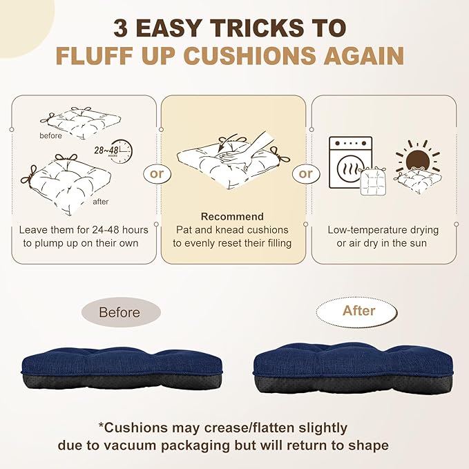 downluxe Indoor Chair Cushions for Dining Chairs, Tufted Overstuffed Textured Foam Kitchen Chair Pads with Ties and Non-Slip Backing, 15.5" x 15.5" x 4", Royal Blue, 4 Pack