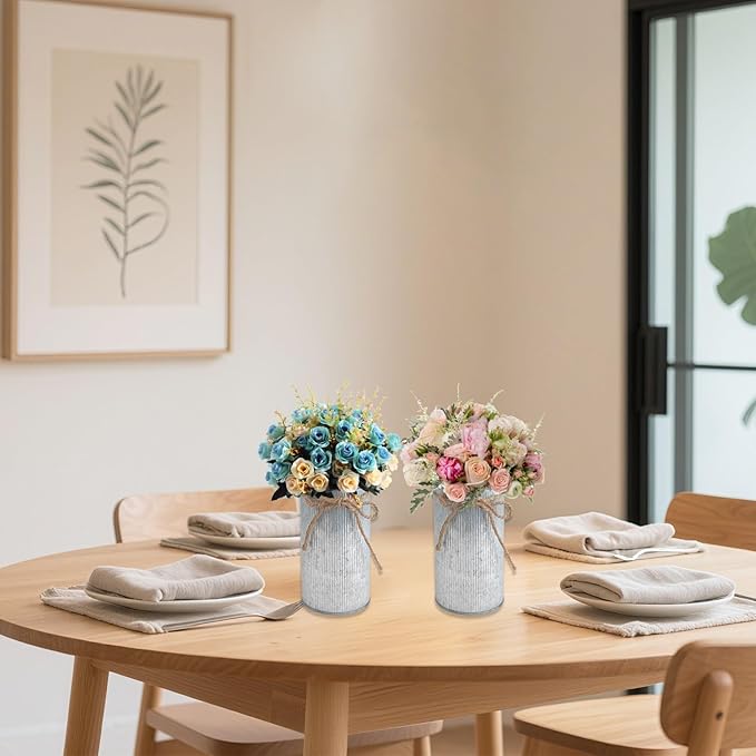 6" High Vase Centerpiece for Table, Rustic Farmhouse Mason Jars with Twine Bow, Vintage Galvanized Metal Flower Container for Wedding Home Decor (Silver, 12Pcs)