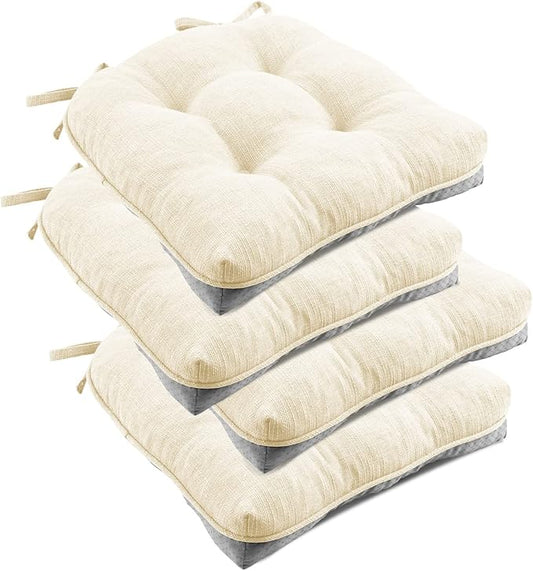 downluxe Indoor Chair Cushions for Dining Chairs, Tufted Overstuffed Textured Foam Kitchen Chair Pads with Ties and Non-Slip Backing, 15.5" x 15.5" x 4", Beige, 4 Pack
