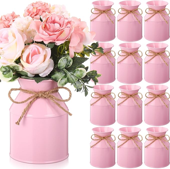 Domensi 5.12 Inch Farmhouse Metal Flower Vase Decor Rustic Galvanized Milk Can Jug Vase with Bow Flower Buckets for Table Centerpiece Fall Halloween Wedding Home Dinging Room Decor(Pink,12 Pcs)