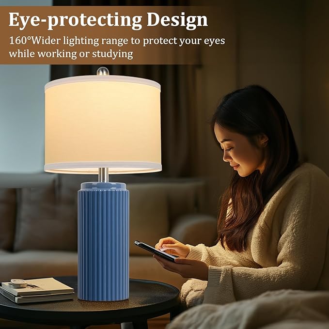 TOBUSA 23.5’’ Blue Table Lamps for Bedroom Set of 2, Modern Farmhouse Ceramic Bedside Nightstand Lamps for Living Room, Decorative Boho Ceramic Lamps Set for Home Office End Table Console, White Shade