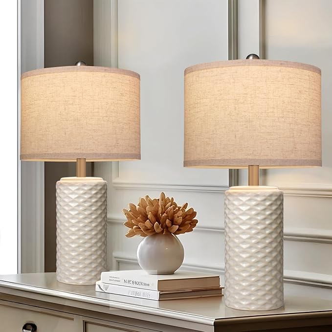 23" Bedside Lamps Set of 2, Dimmable Ceramic Table Lamps for Night Stands Modern Farmhouse Bedroom Lamps with Timer, Nightstand Table Lamps for Living Room End Table, Beige, LED Bulb Included