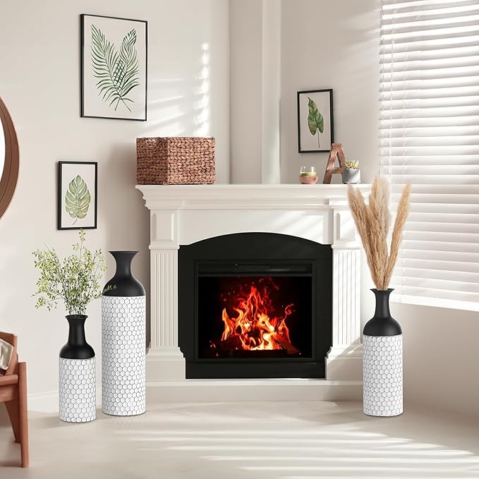 Sziqiqi Floor Vases Decorative Tall: 27in Black and White Large Metal Floor Vase Set of 3 Modern Honeycomb Texture Big Standing Vase for Living Room Dining Bedroom Home Corner Hallway Indoor Office