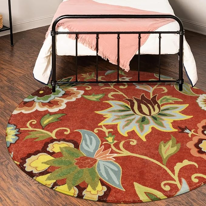 Lahome Red Floral 3 ft Round Rug, Washable Christmas Round Area Rugs Small Non Slip Entryway Mat, Throw Circle Vintage Distressed Door Mat Soft Floor Carpet for Bedroom Living Room Kitchen Office