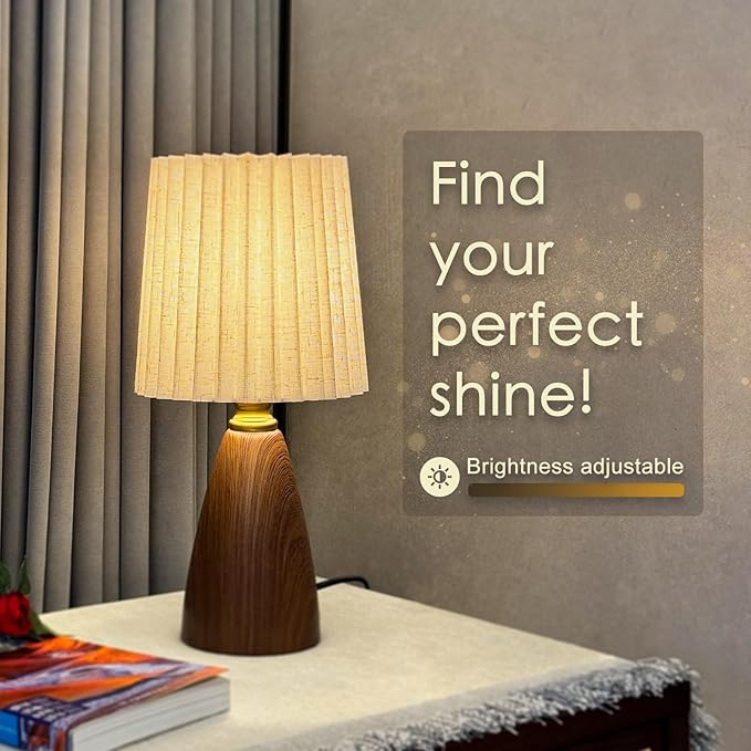 Small Pleated Table Lamp Set of 2 for Bedroom, Mini Bedside Lamps for Nightstand with Round Fabric Linen Shade, Dimmable Desk Lamp, Cute Table Lamps for Small Spaces for Living Room, Kids Room